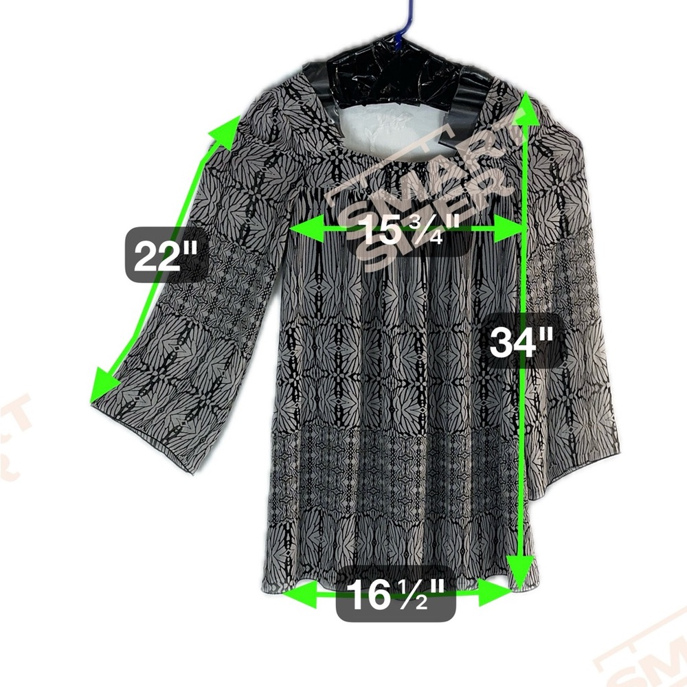 One World Sheer Chiffon Babydoll Tunic Top – Black & Gray Print, Size S - Picture 14 of 14